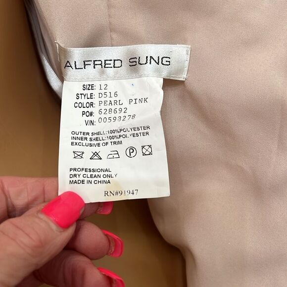 Alfred Sung Pearl Pink Silky Shimmer Sleeveless Dress Open Back Bow Size 12 - Picture 9 of 11